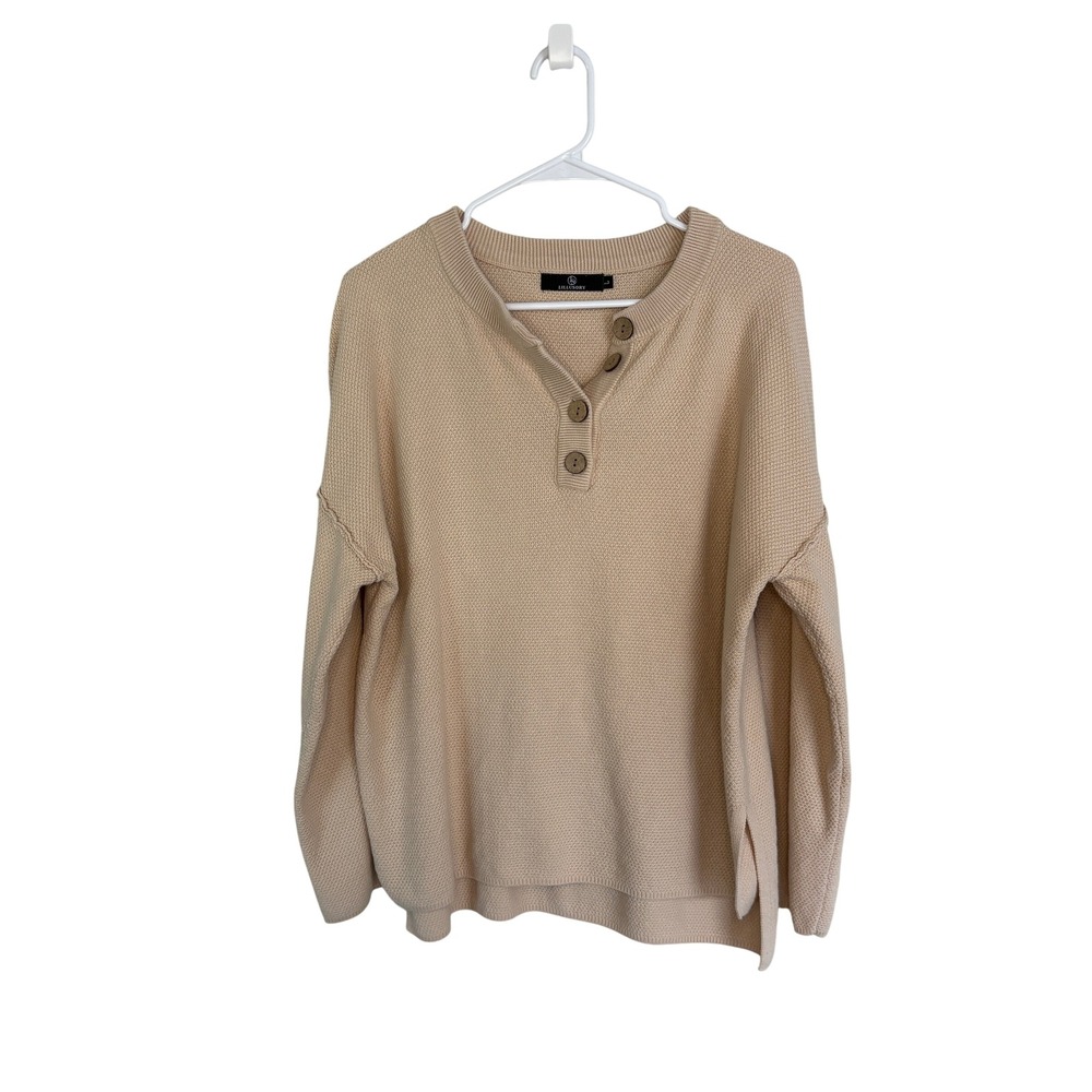 Lillusory Womens Oversized Henley Sweater Beige Knit Button Up Long Sleeve Large